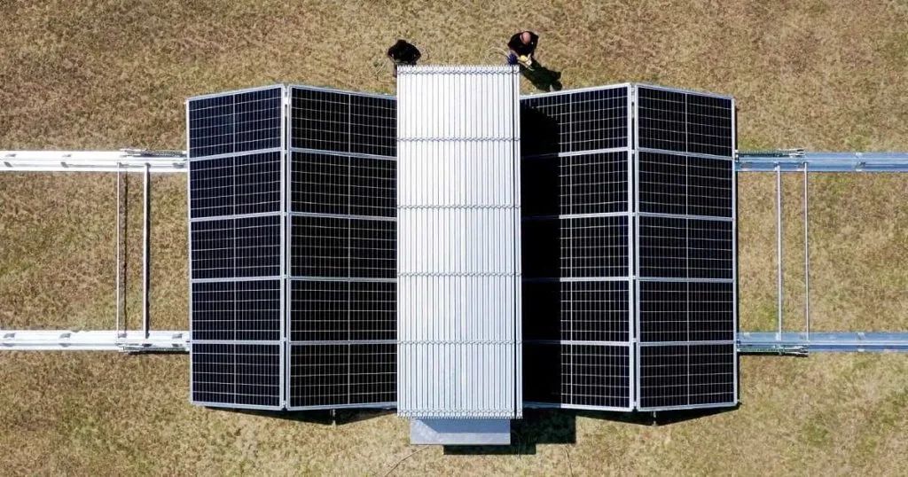 Foldable photovoltaic panels set up in an outdoor camping site